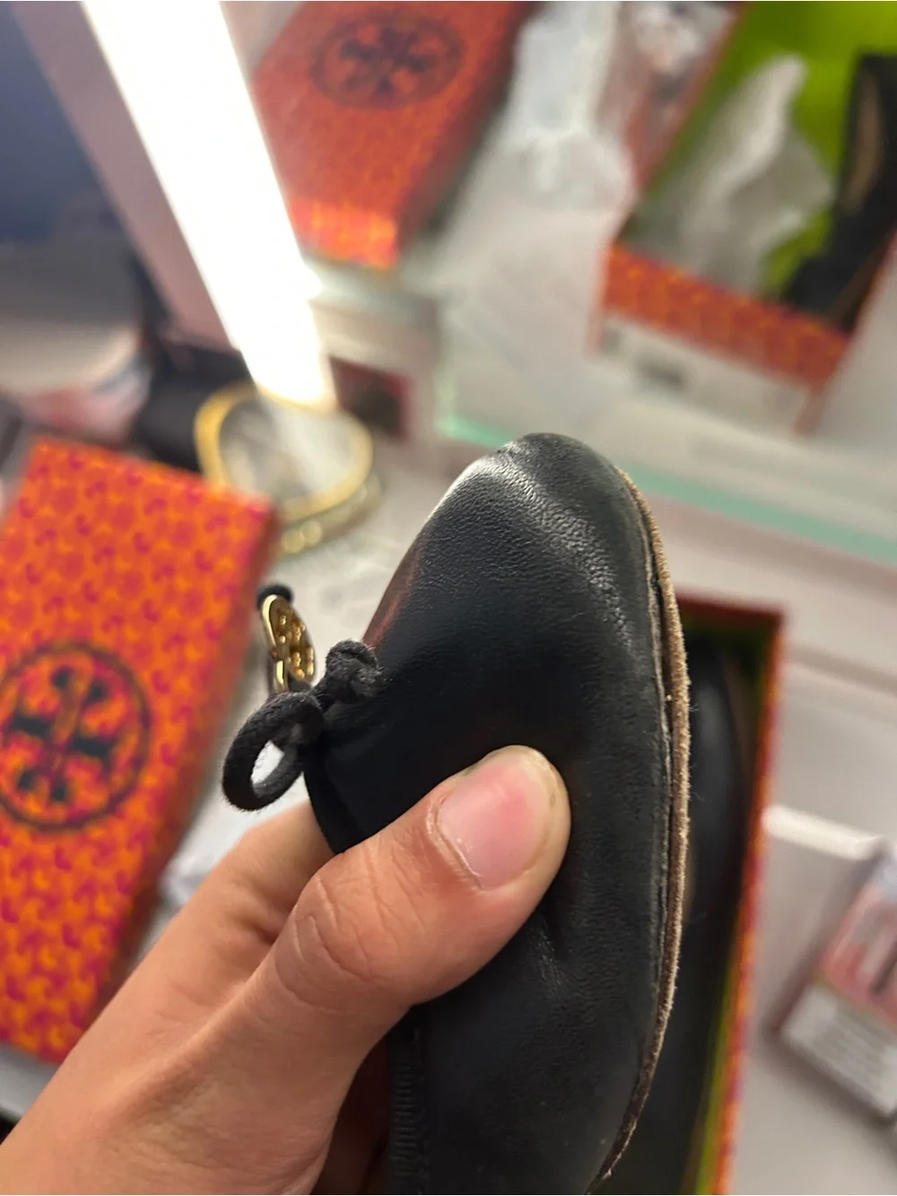 Tory Burch Black Leather Logo Ballet Flats with Gold Medallion